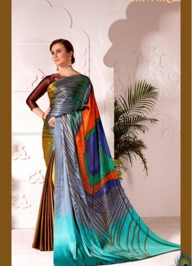MINTORSI MOR PANCH Designer Latest Fancy Casual Wear Satin Silk With Print And Stone Diamond work Saree Collection